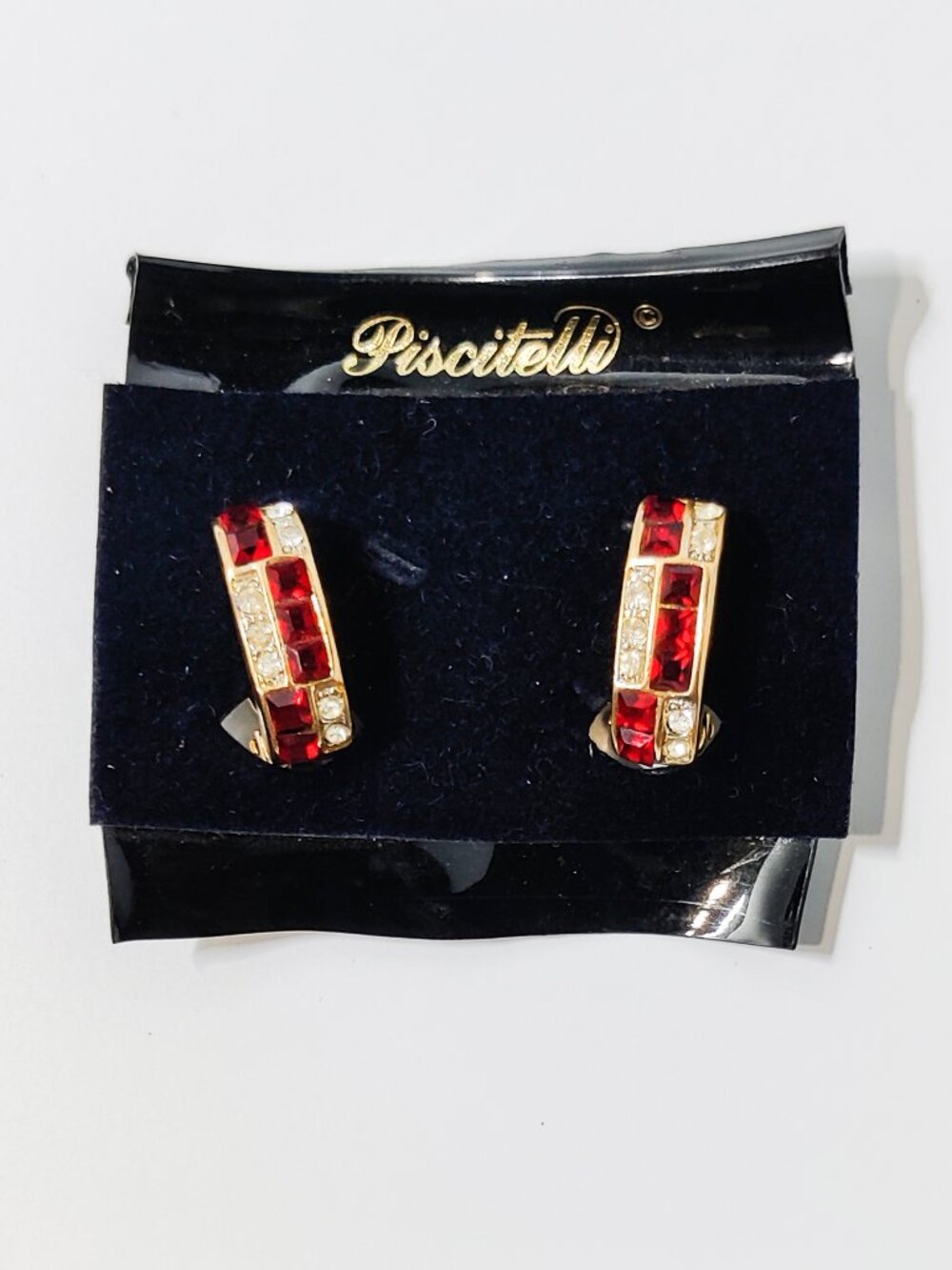 Vintage 1980s Piscitelli Earrings Gold Plated Ruby Red Clear Crystal Hoop